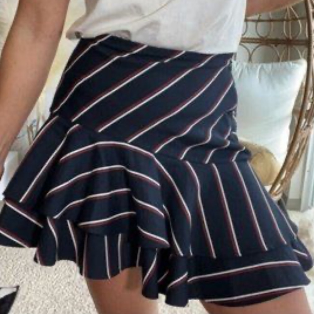 Express Fit & Flare Ruffle Mini Skirt, Navy, with White & Red Stripes, Sz 8